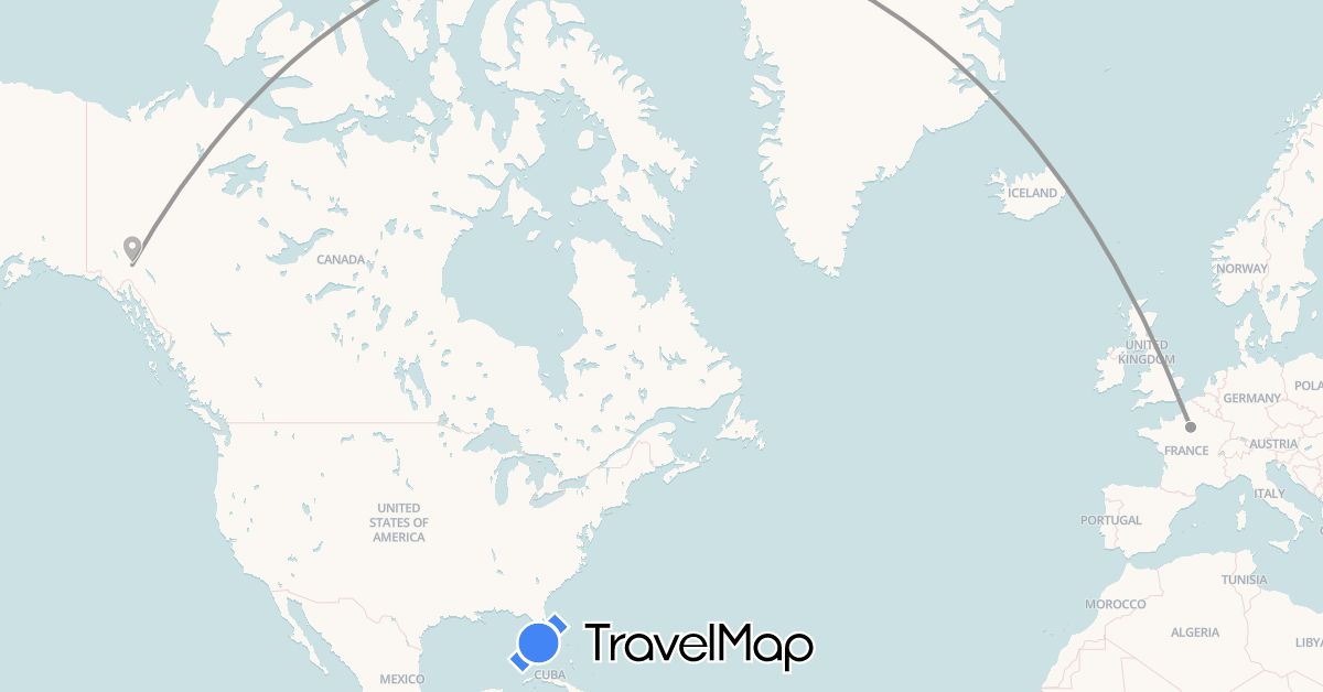 TravelMap itinerary: plane in Canada, France (Europe, North America)